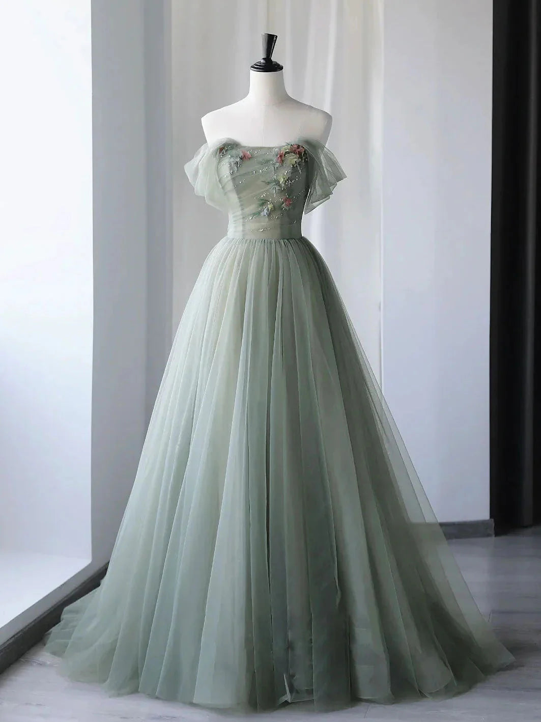 A-Line Green Tulle Long Prom Dress, Green Formal Evening Dress Main image