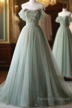 A-Line Green Tulle Long Prom Dress, Green Formal Evening Dress