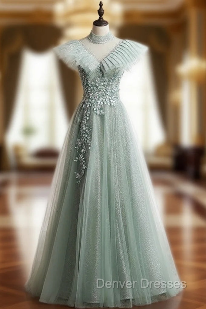 A-Line Green Tulle Sequins High Neck Backless Appliques Prom Dress Main image