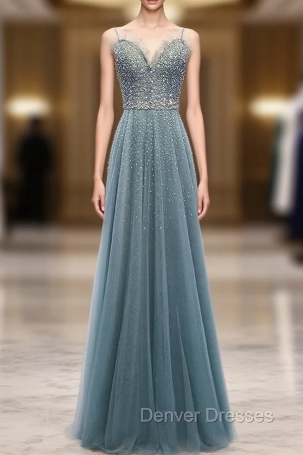 A-Line Green Tulle Spaghetti Straps Beading Prom Dress