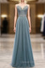 A-Line Green Tulle Spaghetti Straps Beading Prom Dress