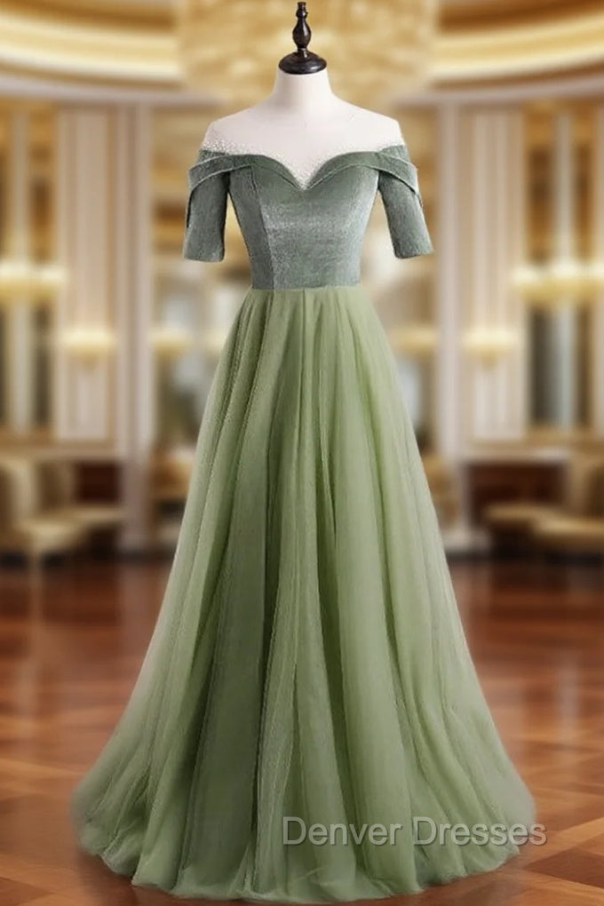 A-Line Green Tulle Velvet Short Sleeve Prom Dress Main image