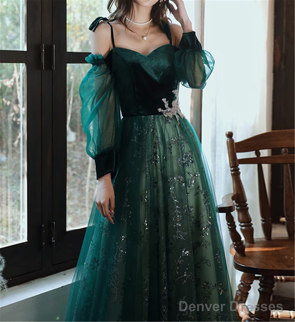 A-Line Green Tulle With Lace Long Party Dress, Green Evening Prom Dress