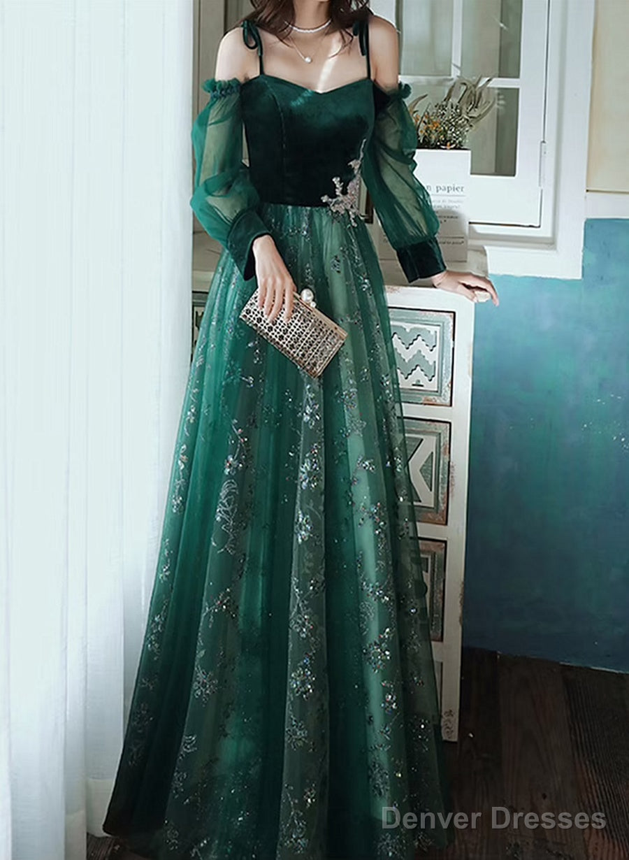 A-Line Green Tulle With Lace Long Party Dress, Green Evening Prom Dress Main image