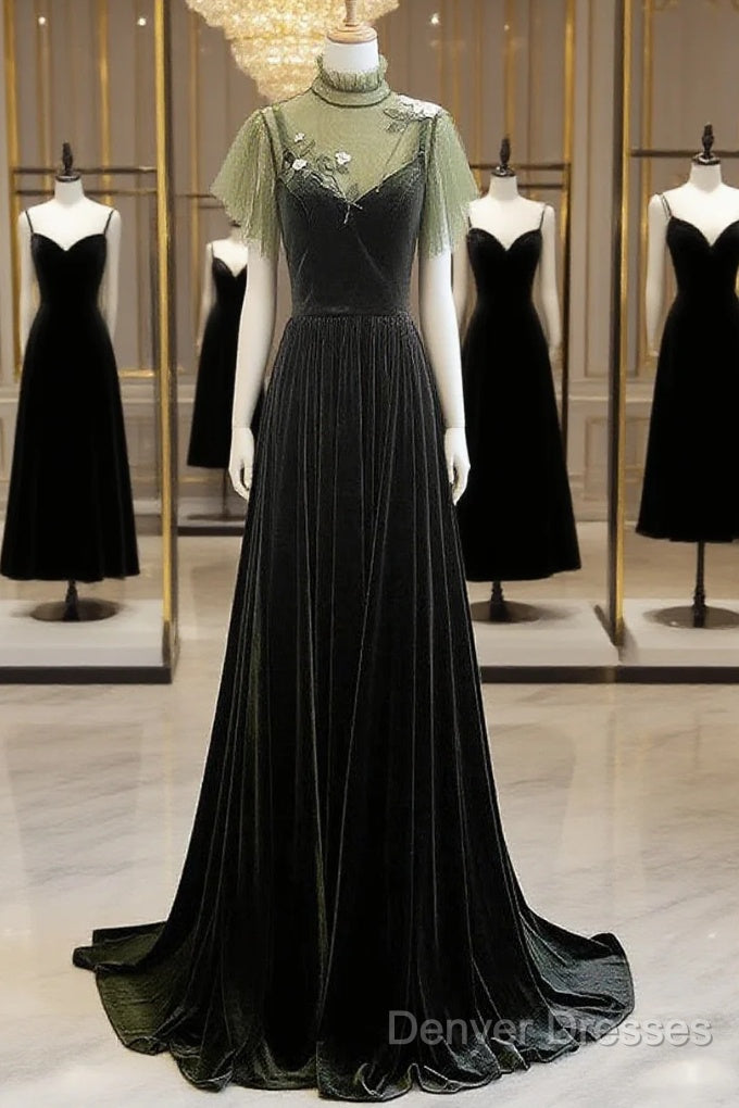 A-Line Green Velvet Long Wedding Party Dress, High Neckline Prom Dress Evening Dress