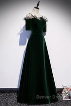 A-Line Green Velvet Spaghetti Straps Prom Dress, Green Wedding Party Dress