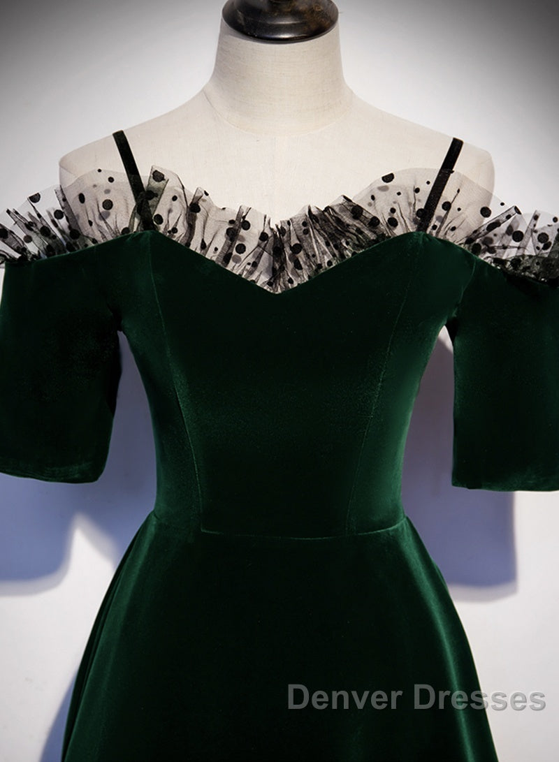 A-Line Green Velvet Spaghetti Straps Prom Dress, Green Wedding Party Dress