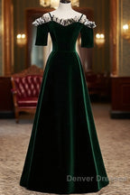 A-Line Green Velvet Spaghetti Straps Prom Dress, Green Wedding Party Dress