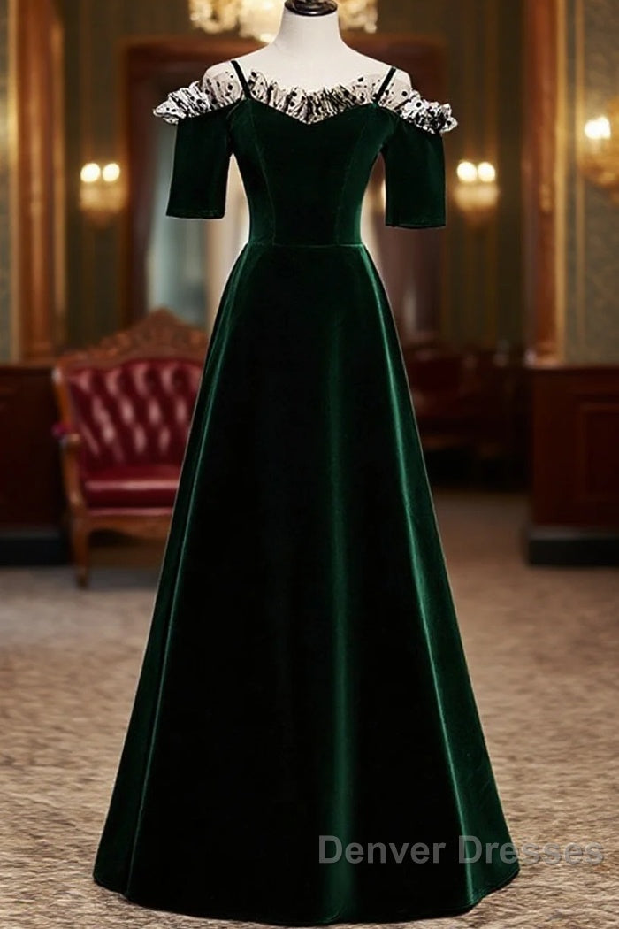 A-Line Green Velvet Spaghetti Straps Prom Dress, Green Wedding Party Dress