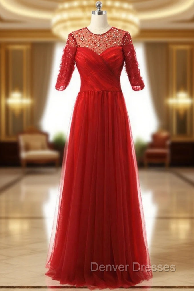 A line Half Sleeves Beaded Tulle Floor Length Red Mother Of The Bride Dress Main image