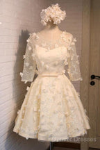 A-Line Half Sleeves Tulle Homecoming Dress With Appliques