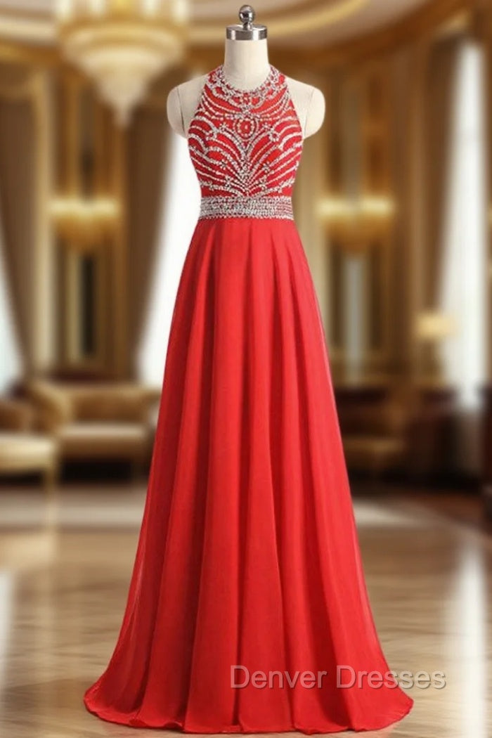 A-Line Halter Backless Chiffon Beading Sequins Prom Dress Main image