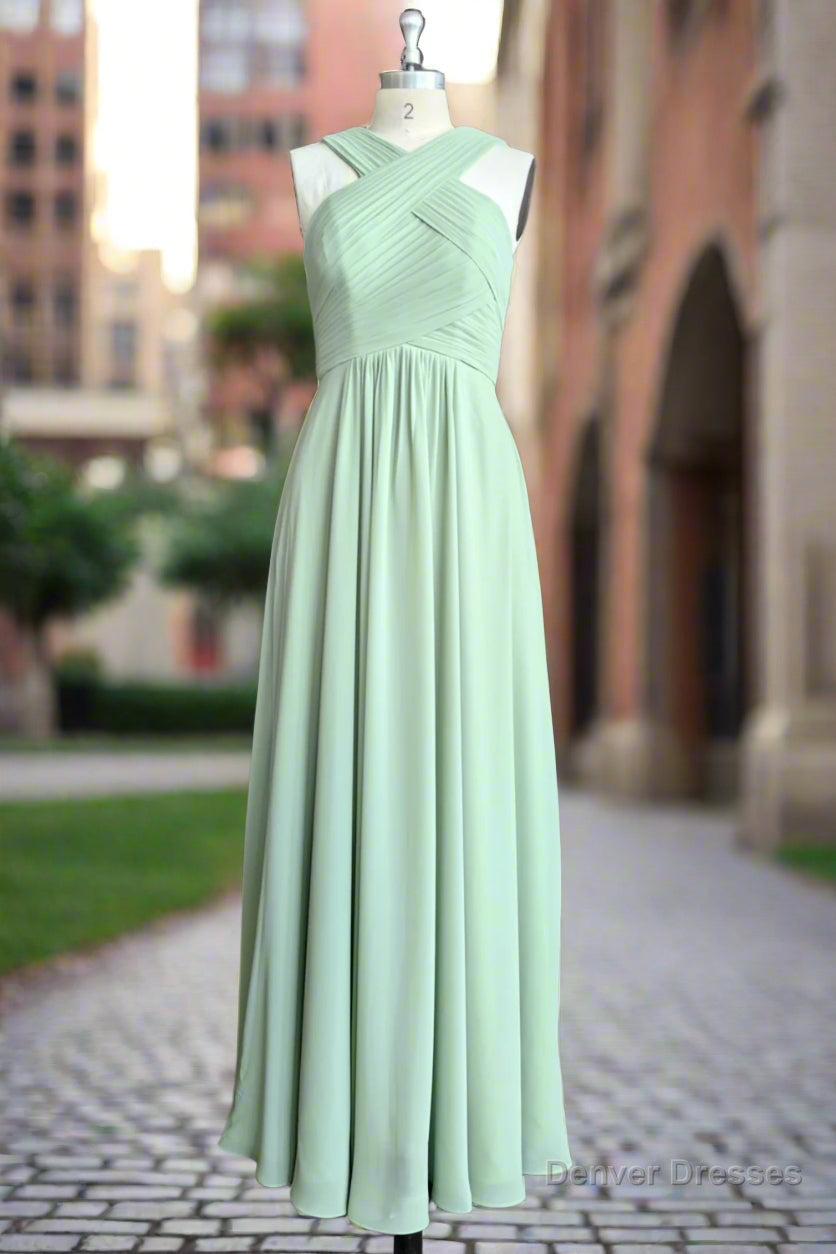 A Line Halter Chiffon Green Pleated Long Bridesmaid Dress