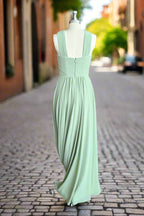 A Line Halter Chiffon Green Pleated Long Bridesmaid Dress