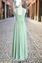 A Line Halter Chiffon Green Pleated Long Bridesmaid Dress