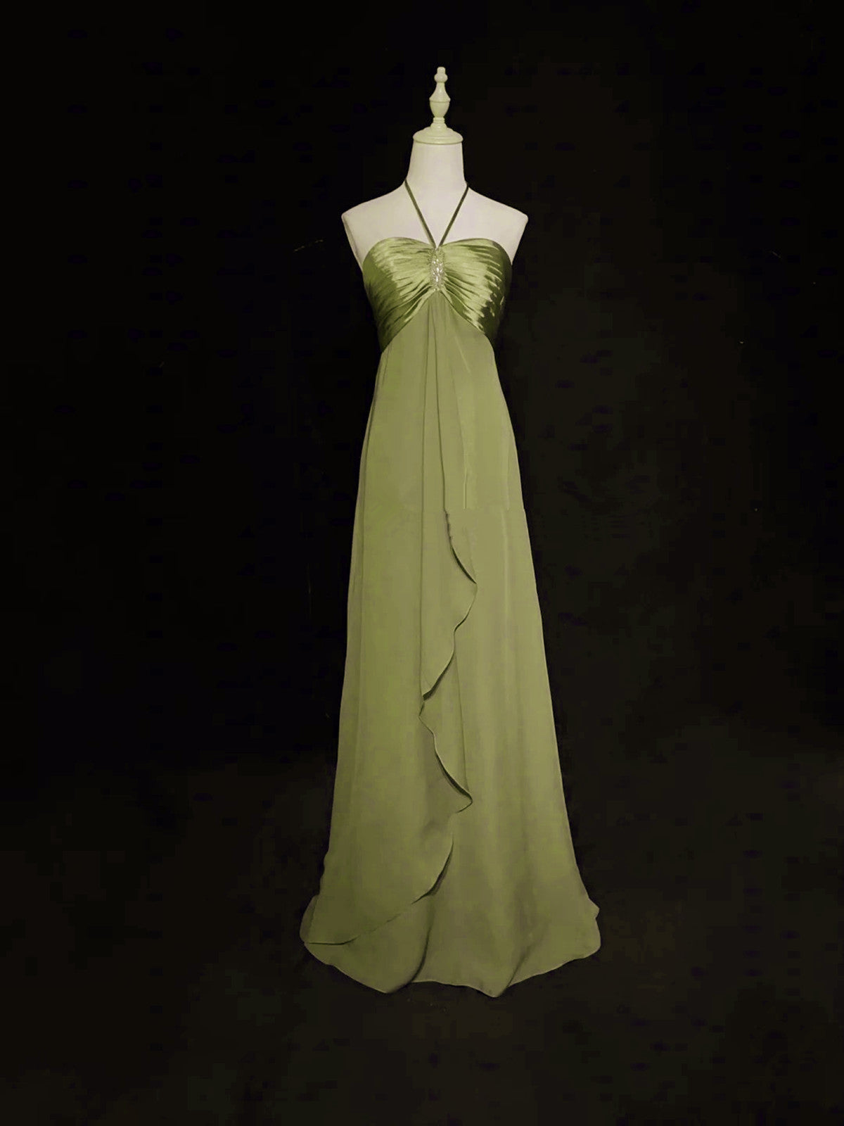 A-Line Halter Chiffon And Satin Long Party Dress, Green Low Back Prom Dress Main image