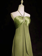 A-Line Halter Chiffon And Satin Long Party Dress, Green Low Back Prom Dress