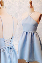 A-Line Halter Lace-Up Short Blue Satin Homecoming Dress