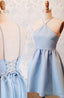 A-Line Halter Lace-Up Short Blue Satin Homecoming Dress