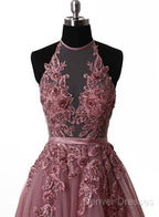 A Line Halter Neck Lace Prom Dress With Sweep Train, Backless Formal Dress, Evening Dress