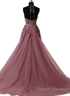 A Line Halter Neck Lace Prom Dress With Sweep Train, Backless Formal Dress, Evening Dress