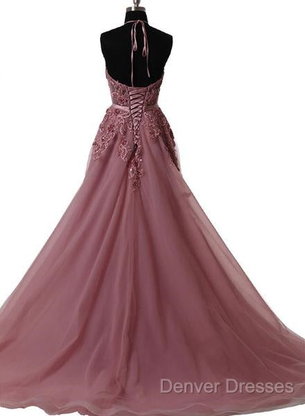 A Line Halter Neck Lace Prom Dress With Sweep Train, Backless Formal Dress, Evening Dress