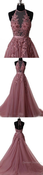 A Line Halter Neck Lace Prom Dress With Sweep Train, Backless Formal Dress, Evening Dress