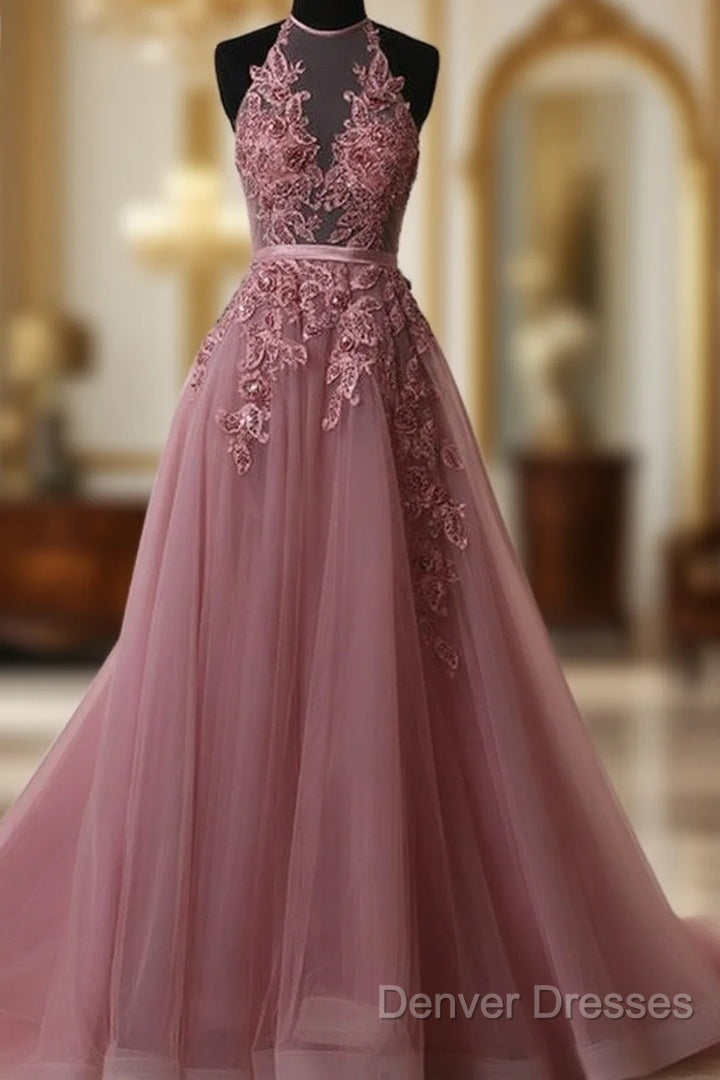 A Line Halter Neck Lace Prom Dress With Sweep Train, Backless Formal Dress, Evening Dress Main image