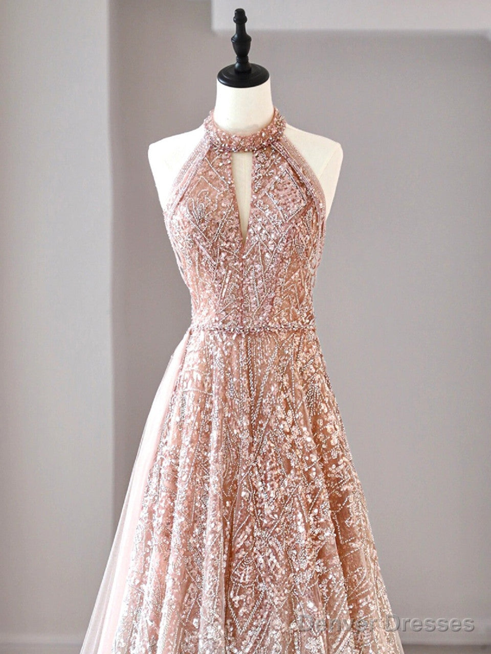 A-Line Halter Neck Sequined Tulle Long Prom Dress, Formal Evening Dress Secondary image