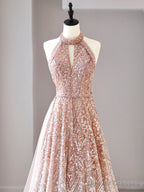 A-Line Halter Neck Sequined Tulle Long Prom Dress, Formal Evening Dress