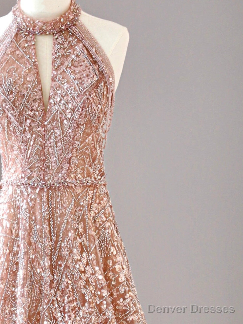 A-Line Halter Neck Sequined Tulle Long Prom Dress, Formal Evening Dress