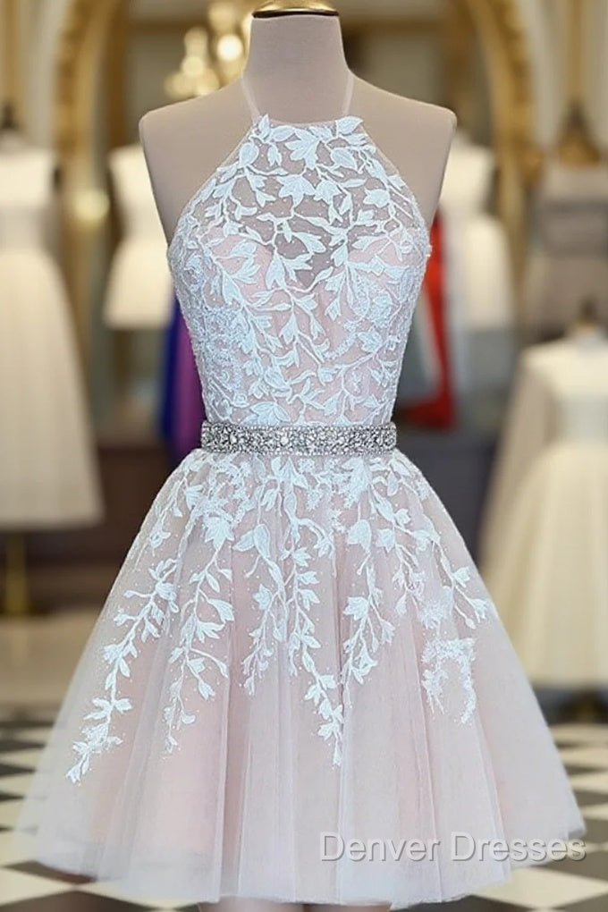 A Line Halter Neck Short Champagne Lace Prom Dress, Short Champagne Lace Formal Homecoming Dress Main image