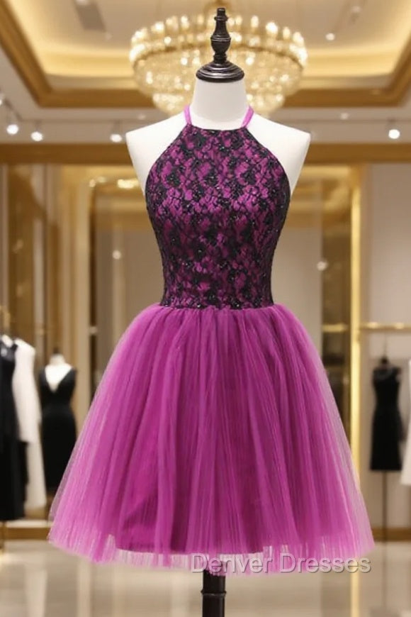 A-line Halter Short Mini Flowers Appliques Lace Beaded Elegant Short Cocktail Dress