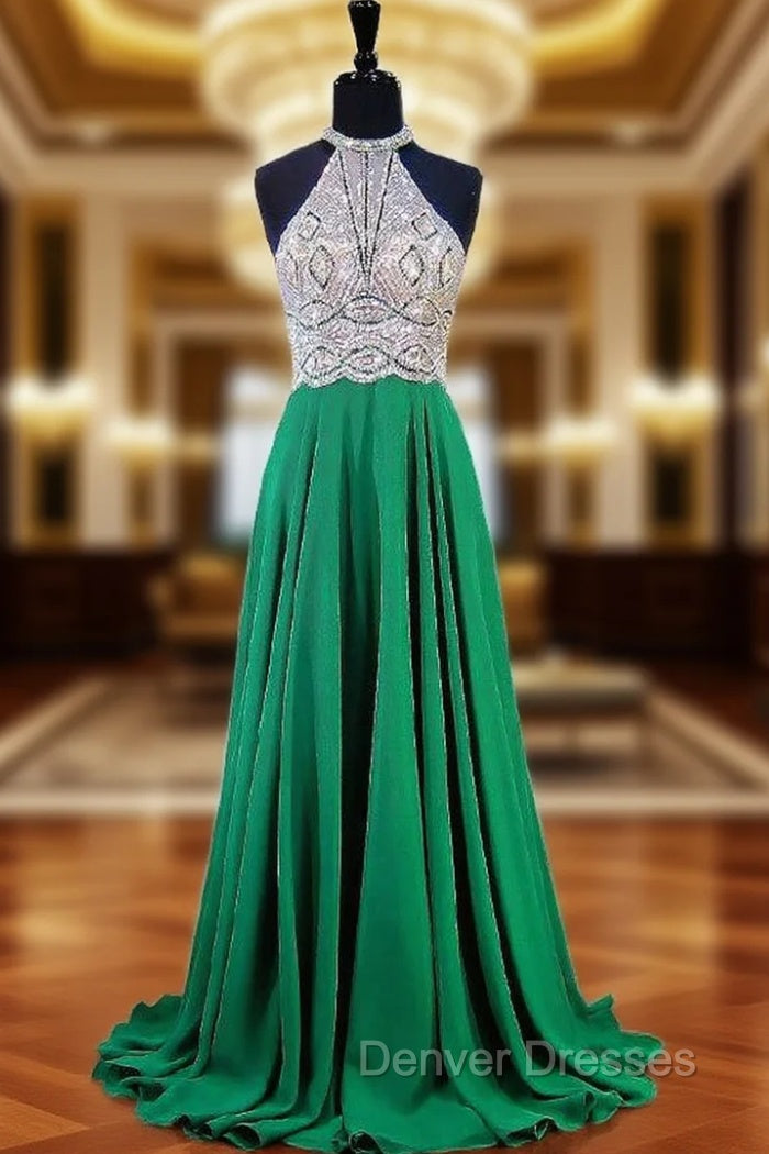A-line Halter Sleeveless Beaded Floor Length Chiffon Prom Dress Main image