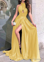 A-line Halter Sleeveless Long/Floor-Length Charmeuse Prom Dresses With Split