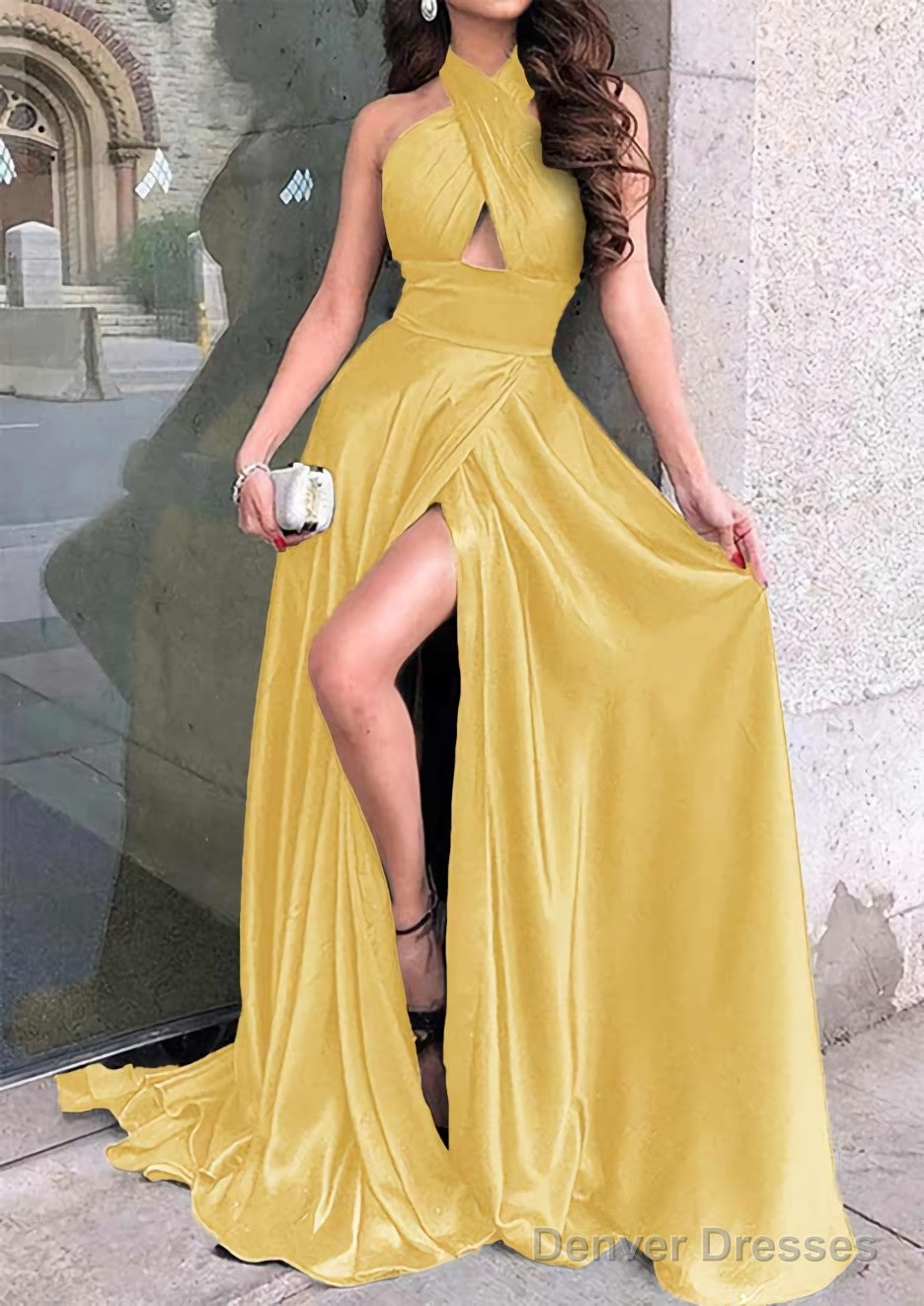 A-line Halter Sleeveless Long/Floor-Length Charmeuse Prom Dresses With Split