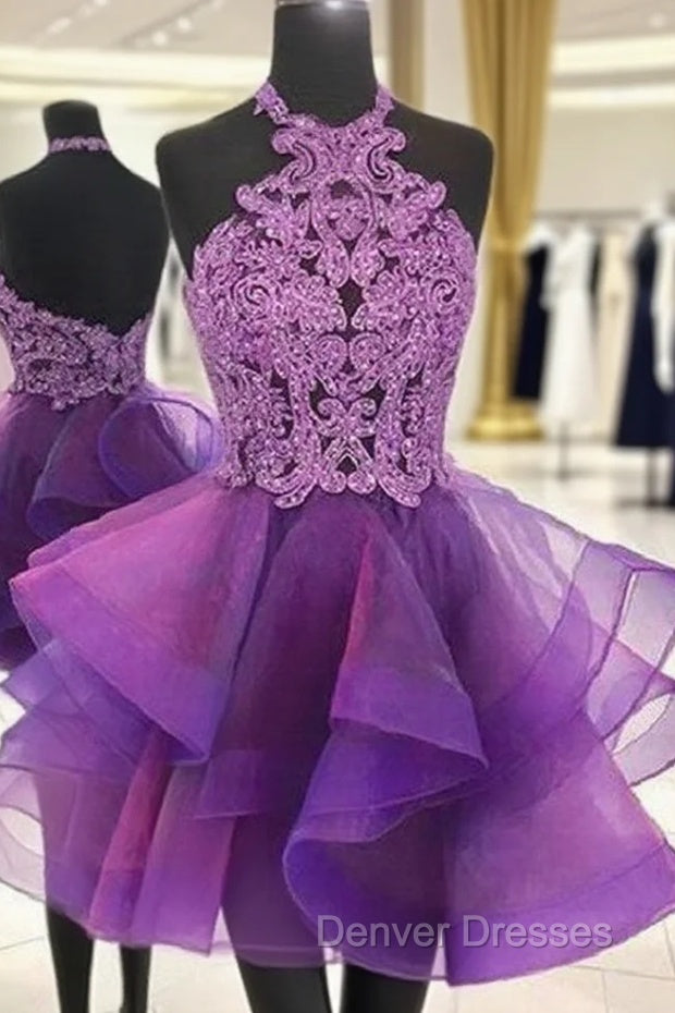 A-line Halter Sleeveless Organza Short/Mini Homecoming Dress With Appliqued Beading Lace Main image