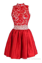 A-Line High Neck Knee Length Satin Homecoming Dress With Lace
