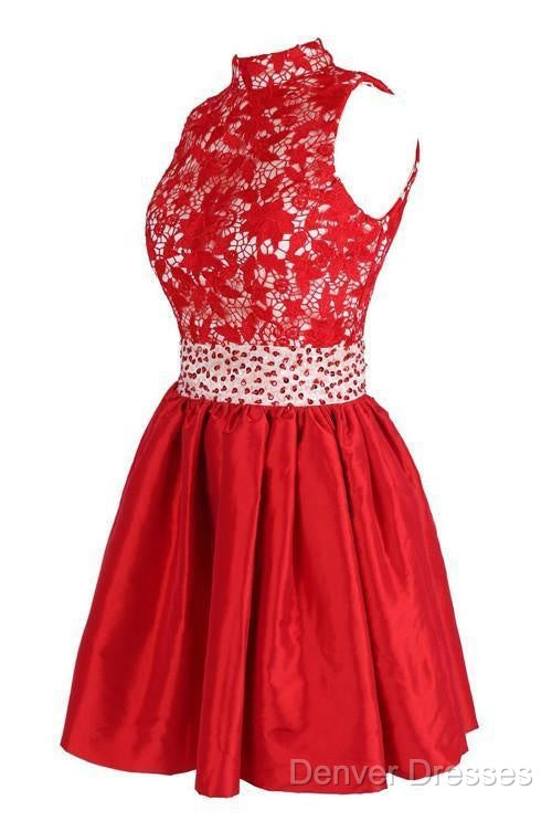 A-Line High Neck Knee Length Satin Homecoming Dress With Lace