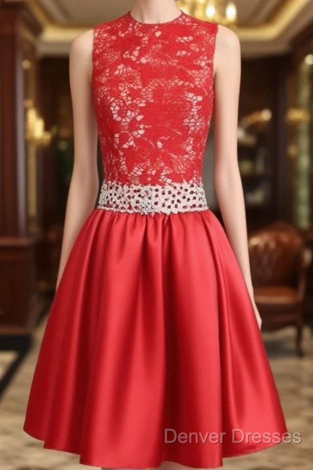 A-Line High Neck Knee Length Satin Homecoming Dress With Lace Main image