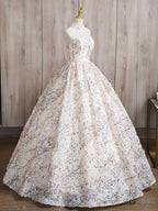 A-Line High Neck Lace Champagne Long Prom Dress, Champagne Long Formal Dress