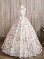 A-Line High Neck Lace Champagne Long Prom Dress, Champagne Long Formal Dress
