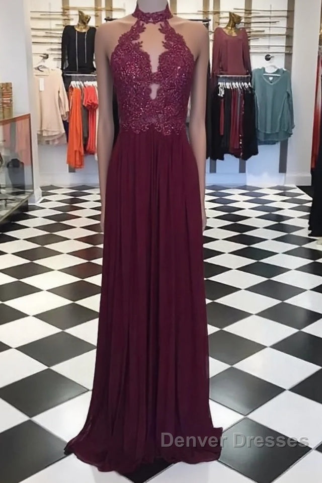 A Line High Neck Lace Long Prom Dress, Lace Evening Dress