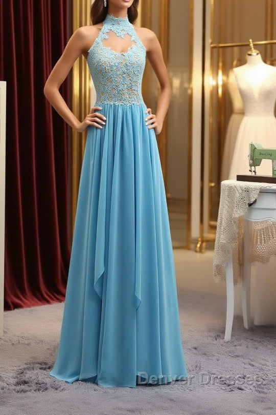 A Line High Neck Open Back Lace Chiffon Ruffles Blue Long Prom Dress, Blue Lace Formal Dress, Blue Lace Graduation Dress Main image