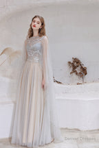 A Line High Neck Sleeveless Beading Tulle Floor Length Prom Dresses