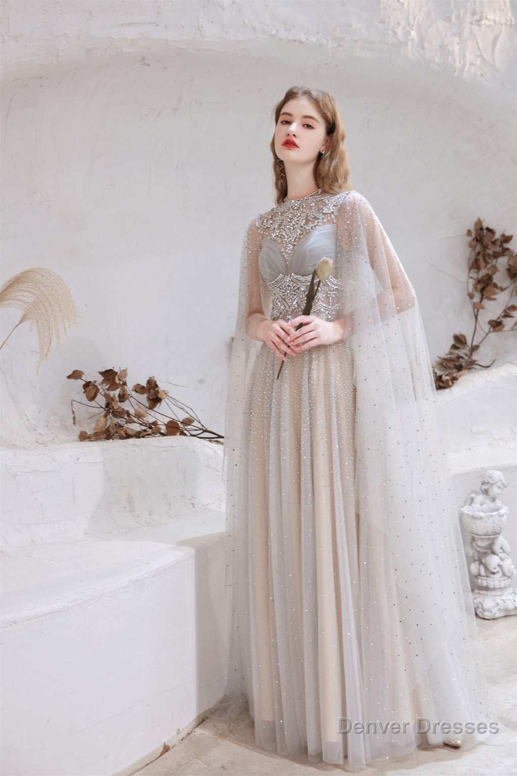 A Line High Neck Sleeveless Beading Tulle Floor Length Prom Dresses