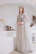 A Line High Neck Sleeveless Beading Tulle Floor Length Prom Dresses