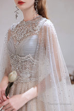 A Line High Neck Sleeveless Beading Tulle Floor Length Prom Dresses