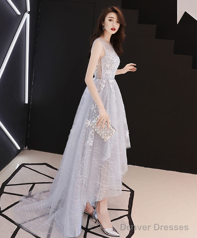 A Line Hight Low Lace Prom Dresses, Gray Tulle Homecoming Dresses Secondary image