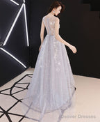 A Line Hight Low Lace Prom Dresses, Gray Tulle Homecoming Dresses